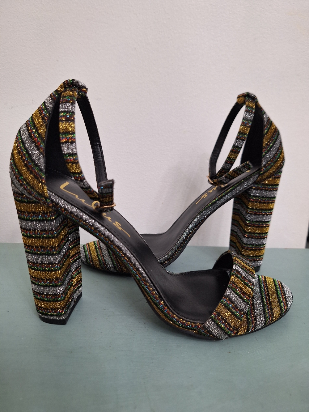 Lulu's Women's Glitter Striped Block Heel Sandals - Size 5.5